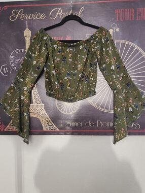 Blue Blush Olive Floral Off-Shoulder Bell Sleeve Crop Top